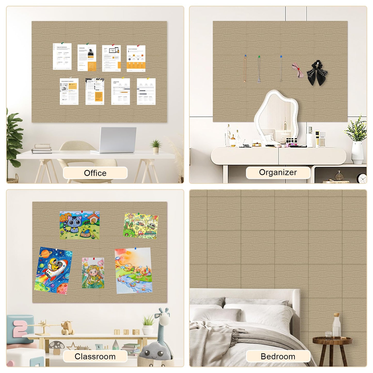 AKONEGE Felt Bulletin Board Tiles 12 Pack, 48" x 36" Cork Board Alternative, DIY Pin Board Wall Tiles for Photo Wall, Vision Board, Room & Home Office Decor, Stick-On with Adhesive Tabs, Deep Camel