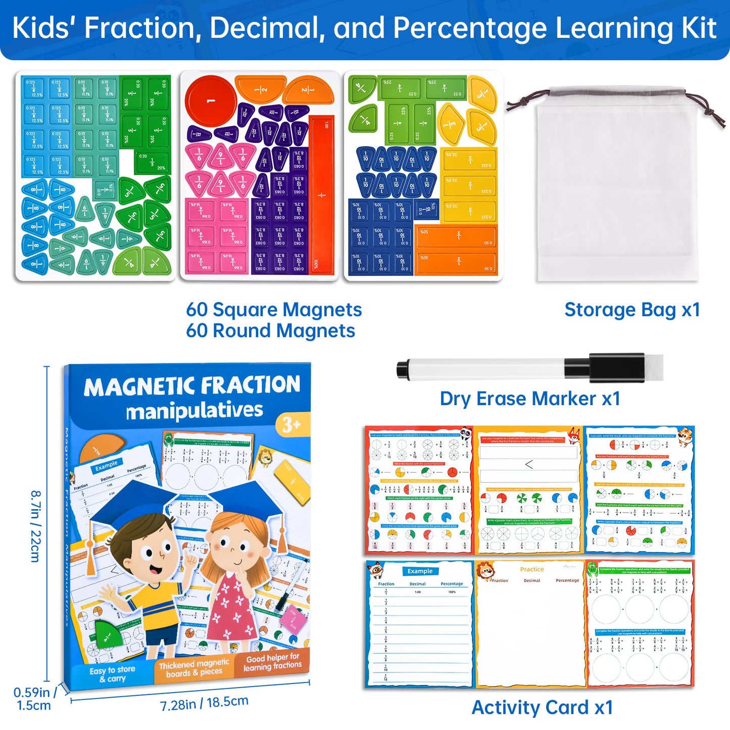 Magnetic Fraction Tiles & Circles Montessori Set for Elementary Kids - Hands-On Math Manipulatives with Activity Book - Learn Fractions, Decimals, Percentages