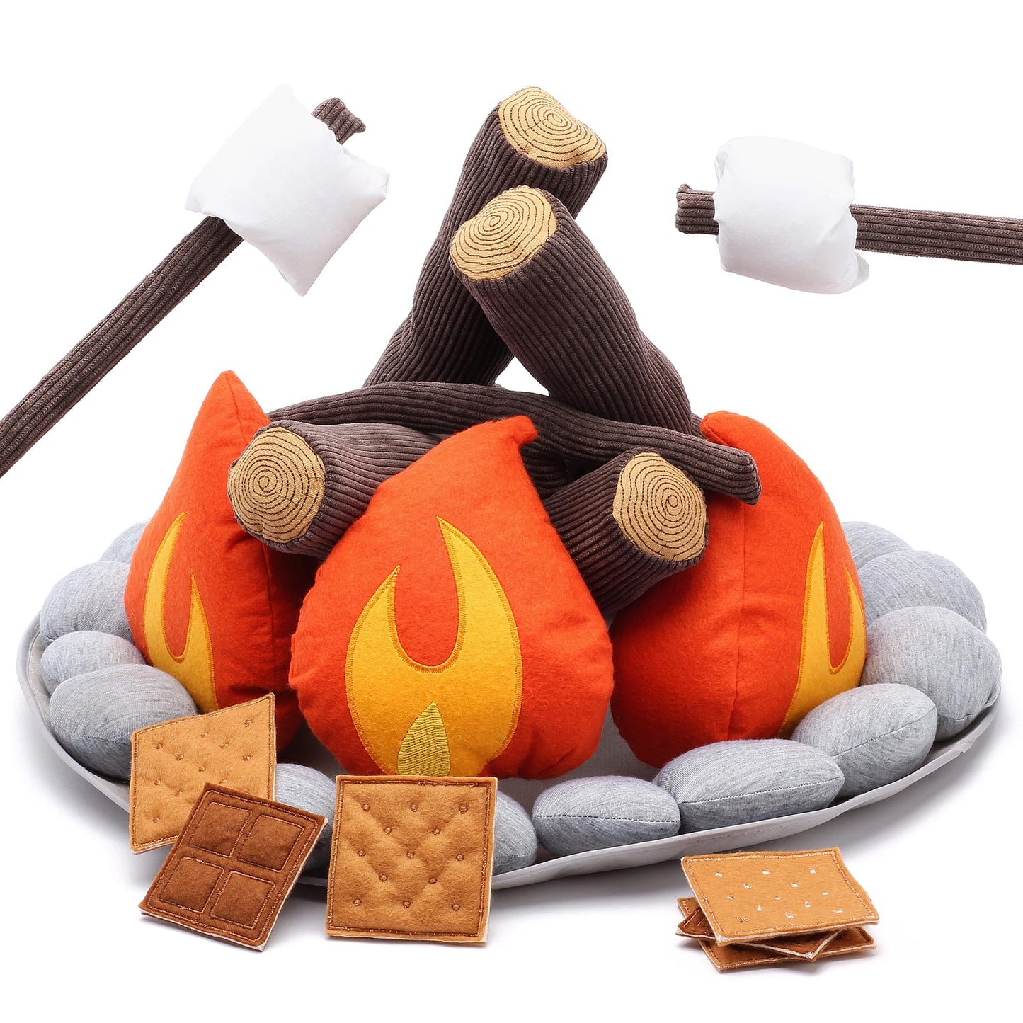 HUNIIHOME Pretend Campfire - Sensory Play Pretend Camping Set for Kids with Plush Fire, Logs and Stones - 17 Pieces - Safe, Soft, Fake Fire Pit - Felt Toy Campfire Playset for Kids