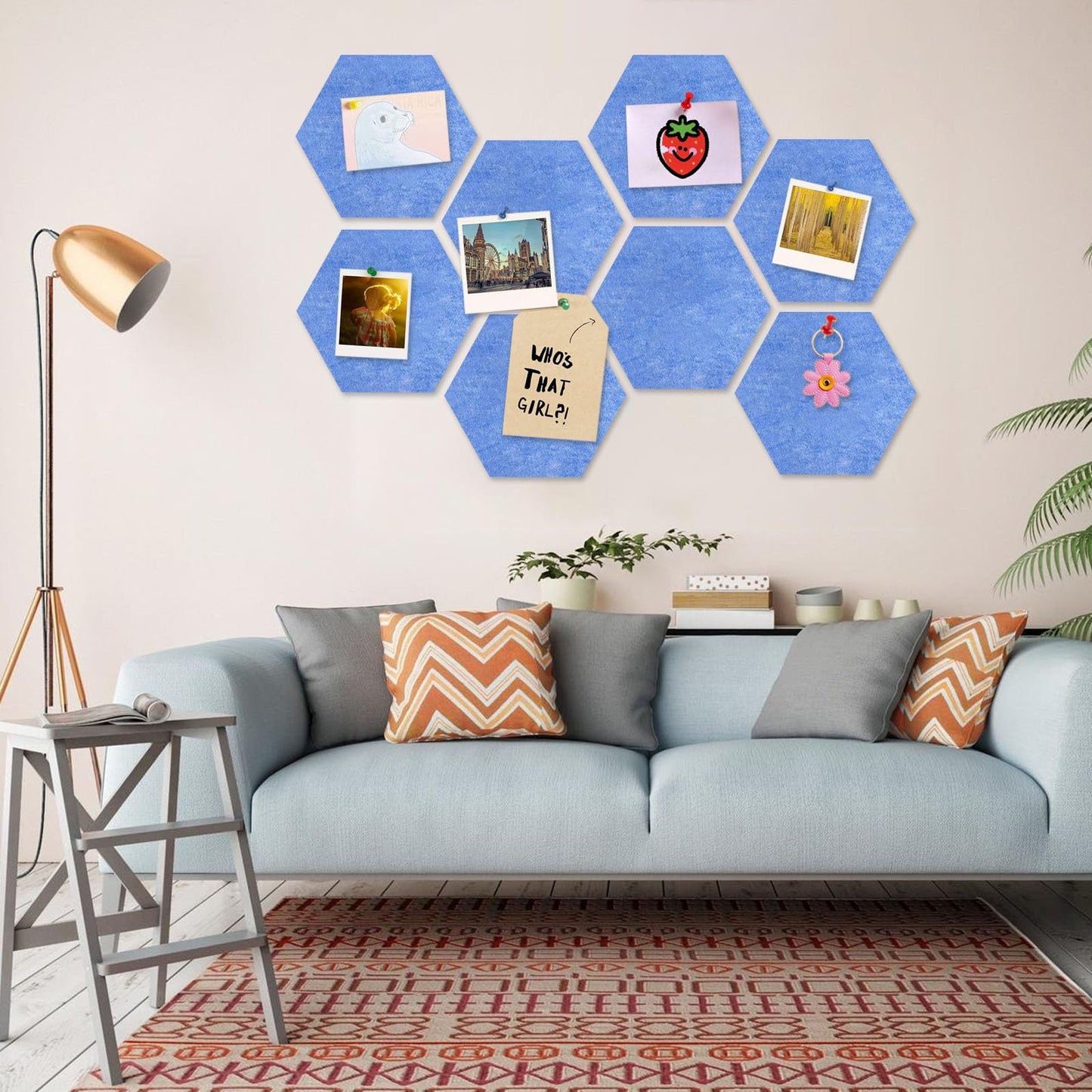8 Packs Sky Blue Hexagon Felt Pin Board, 12" Bulletin Board with 30 Push Pins, Felt Board for Home Kitchen Office Decor, Self-Adhesive Corkboard Tiles for Walls Message Photos Memos Display
