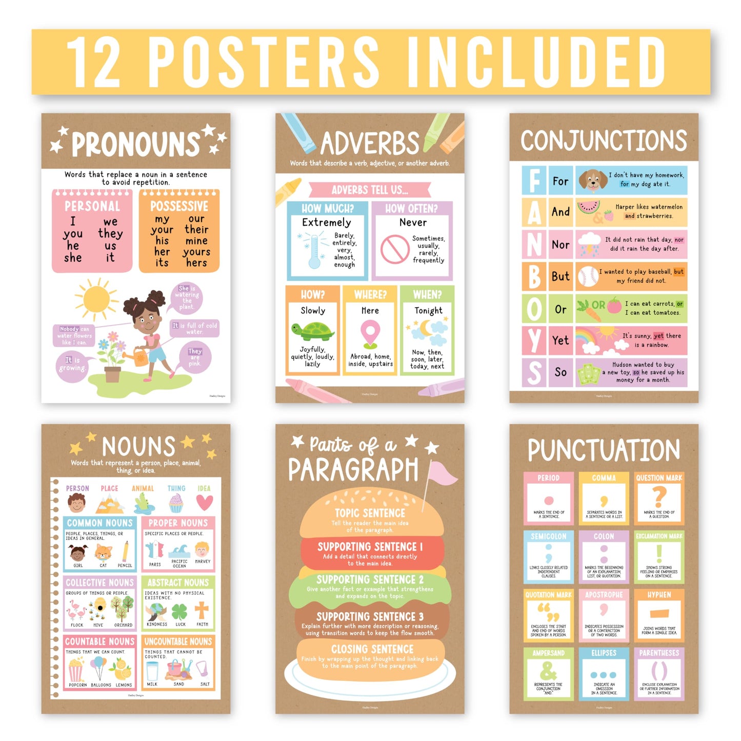 Parts of Speech Posters for Classroom Must Haves - 12 English Grammar Posters, Writing Process Language Arts for Homeschool, Elementary & Middle School, ELA 3rd 4th & 5th Grade Kraft Classroom Decor