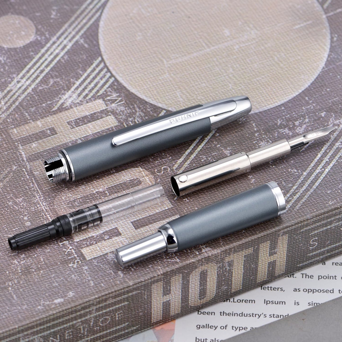 Jinhao 10 Press Fountain Pen with Box, Metal Gray Retractable Extra Fine Nib with Ink Converter Set (Silver Clip)