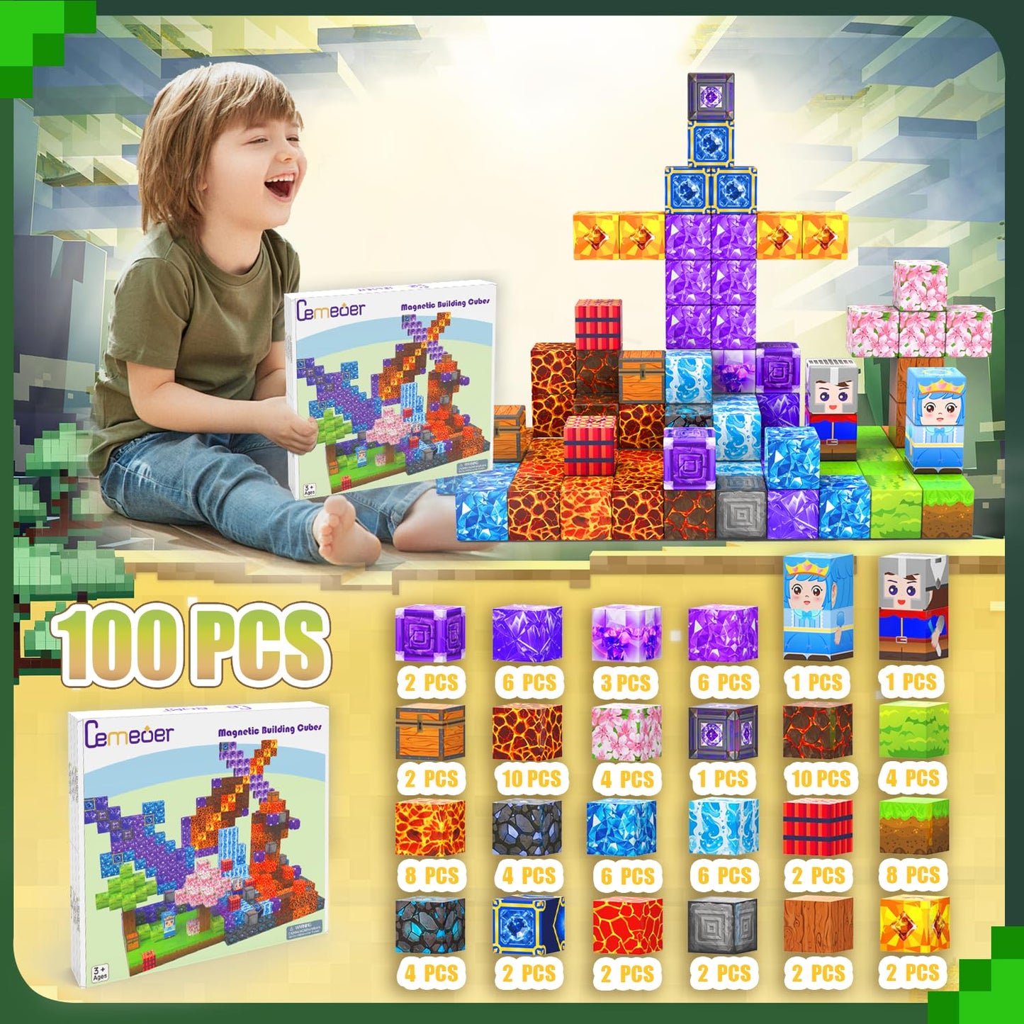 CEMECER 100PCS Magnetic Blocks, Stacking Magnetic Building Blocks Toys for Kids, Sensory Montessori Construction Game Magnetic Build Cube Tile Toys.