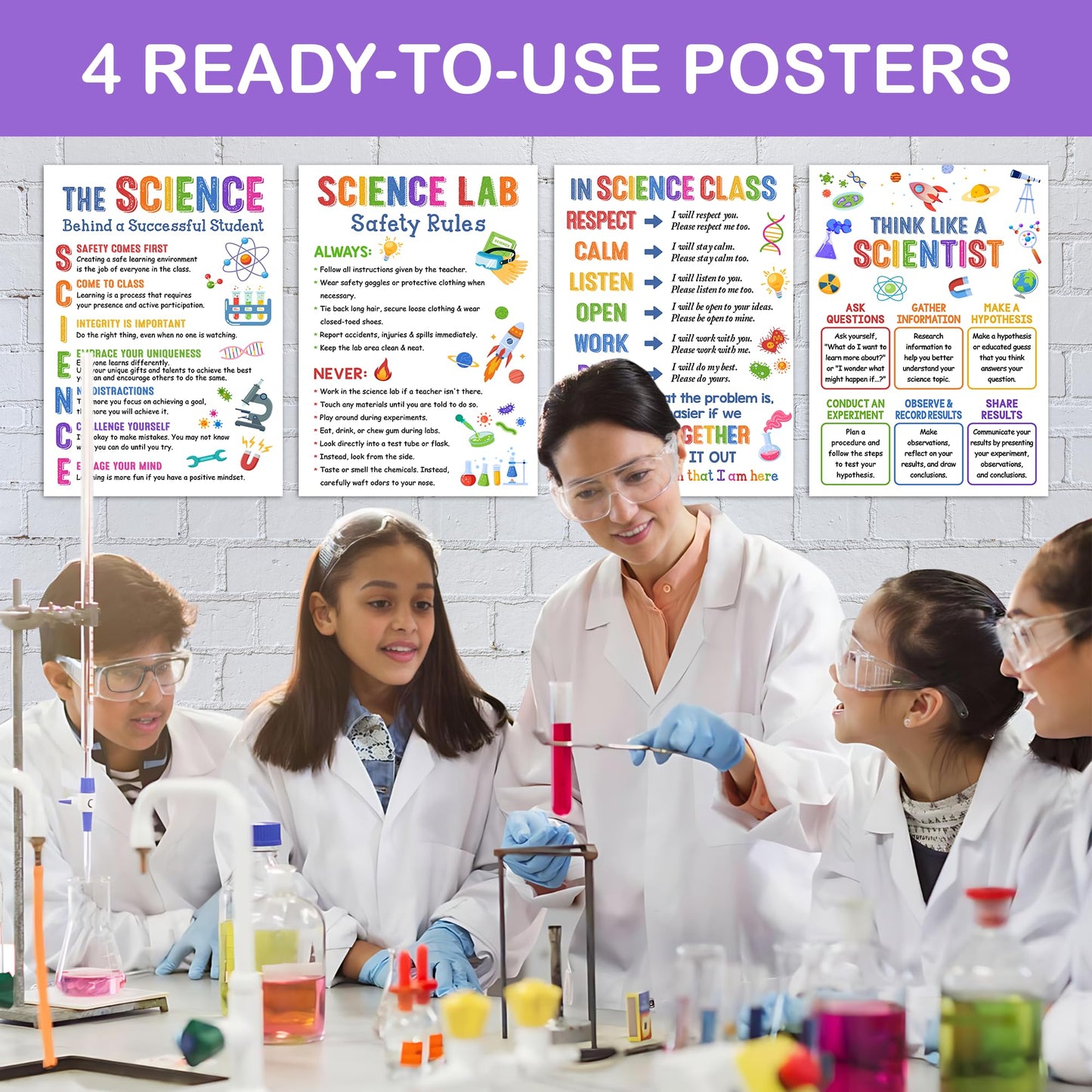 Lalunia 4 Pcs Science Posters for Classroom Decor (11"x 16") - Lab Safety Rules, STEM Wall Art for Middle School, Teacher Supplies, Bulletin Board Decorations, Science Classroom Must Haves
