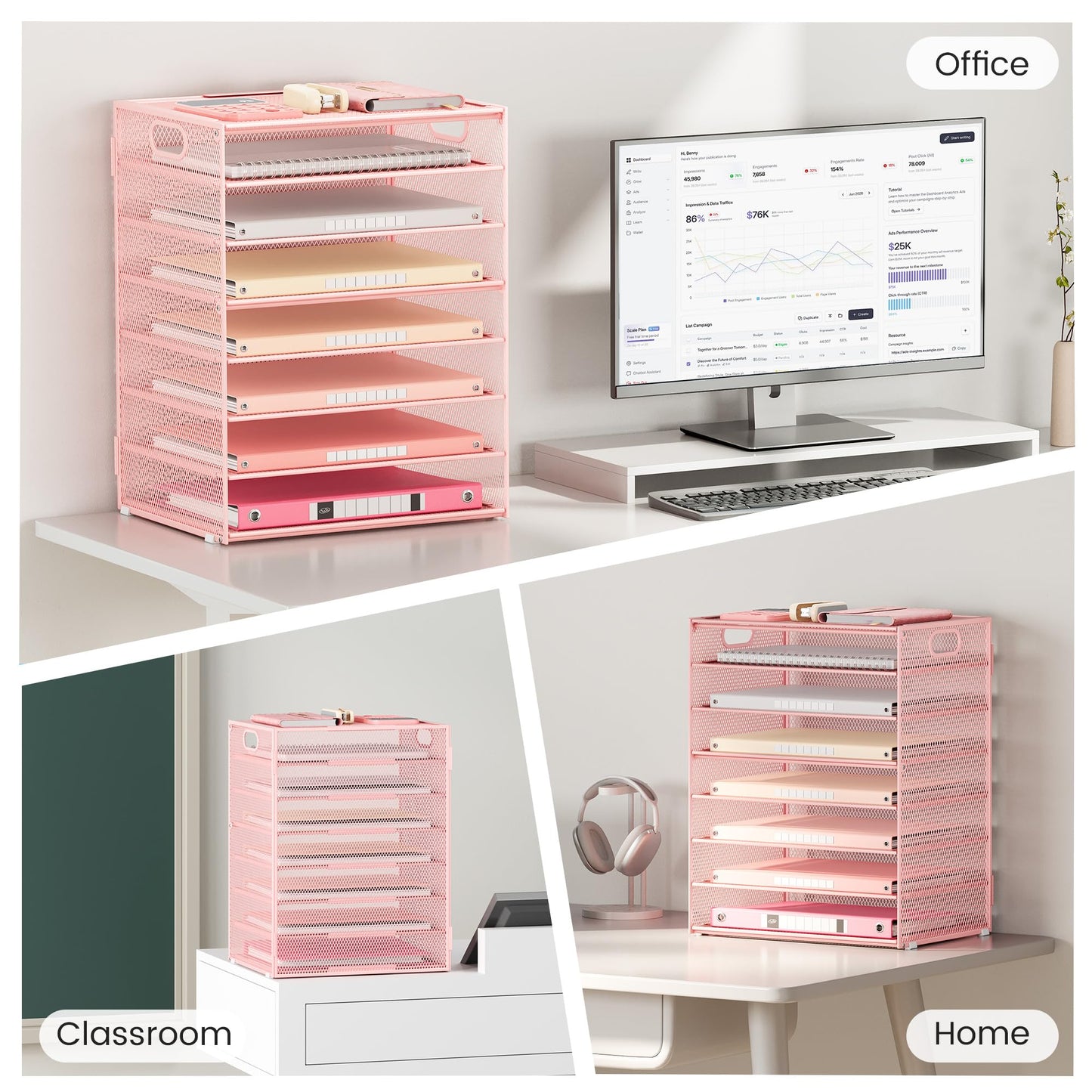 Lavatino 2 Pack 8-Tier Office Desk File Organizer, Letter Tray Paper Organizer with Handle, Including 5 Adjustable Slide Trays for Organizing Desk Workspace Accessories and Supplies (Pink Mesh)