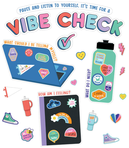 Carson Dellosa Education We Stick Together 51-Piece Vibe Check Bulletin Board Set, Colorful Laptop, Water Bottle, Notebook & Sticker Accents for Bulletin Board, White Board & Colorful Classroom Décor
