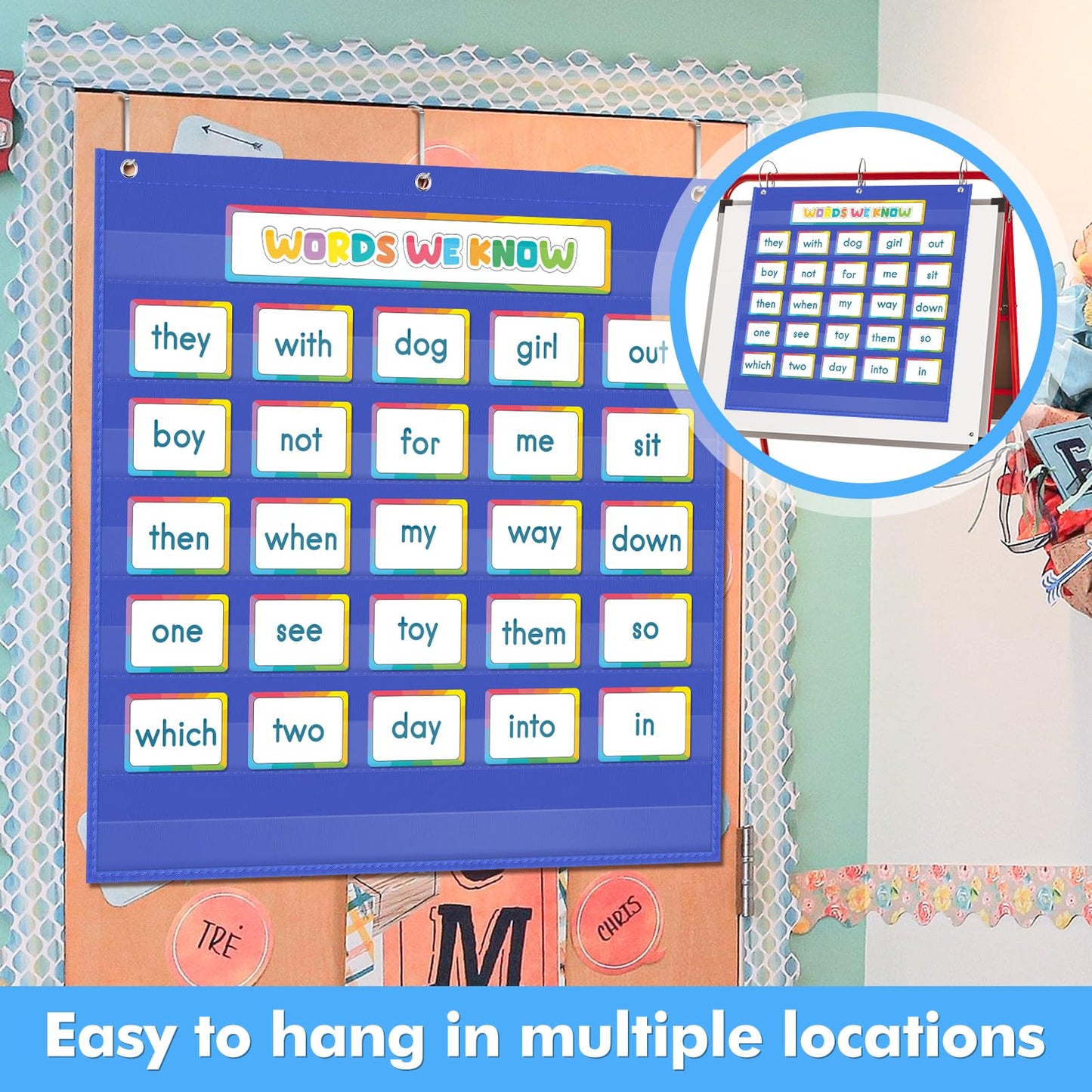 AUVCAS Standard Pocket Chart Clear 7 for Classroom & Home Heavy Duty Hanging Pocket Chart for Word Wall/Letter Cards/Sentence Strips 28Wx28L,Blue