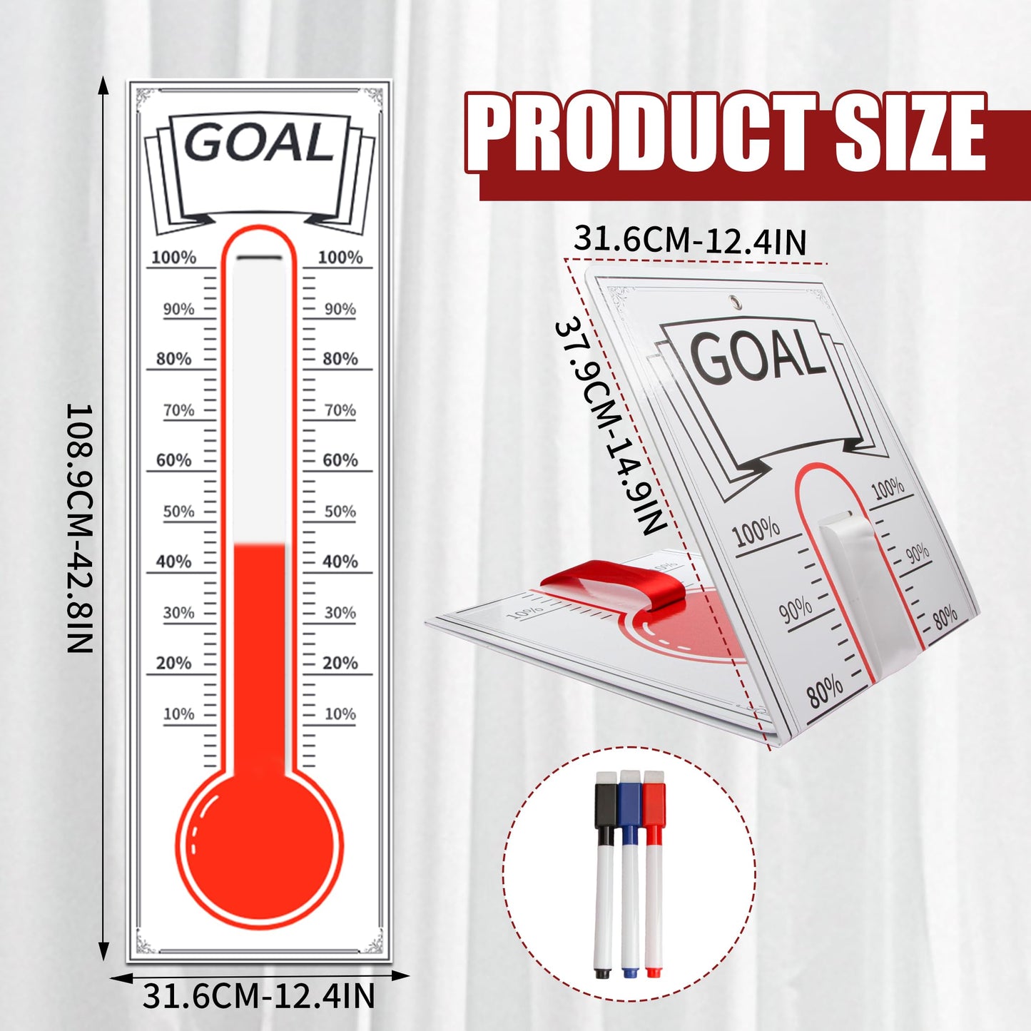 Dry Erase Goal Tracking Thermometer 46"x12" - Corporate Sales Board with Progress Ribbon for Team Motivation