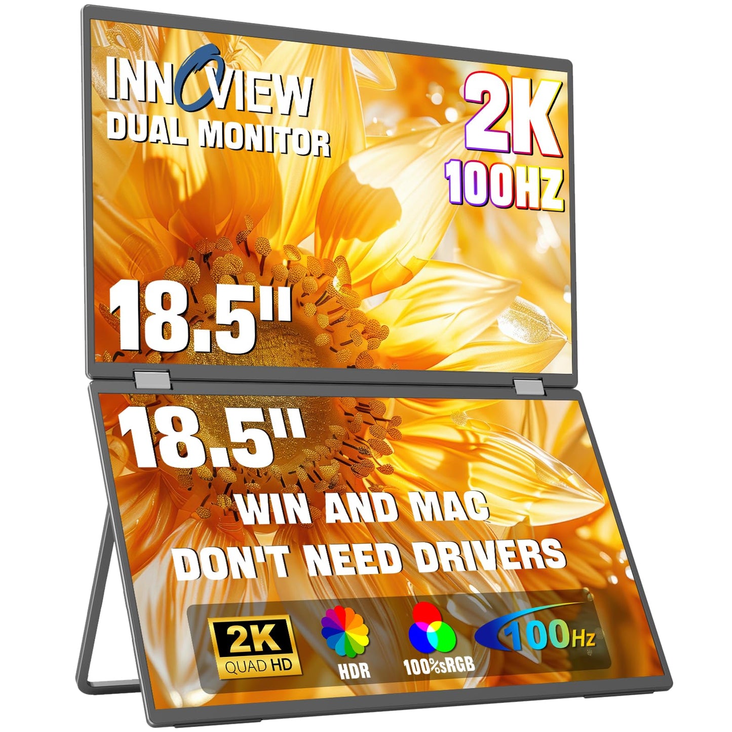 InnoView 18.5" Dual Portable Monitor 100Hz 2K 2560x1600P 100% sRGB Foldable & Stackable Design with 315° Screen Adjustment | DP/USB-C/HDMI, Second Monitor for Laptop, Mac, Windows