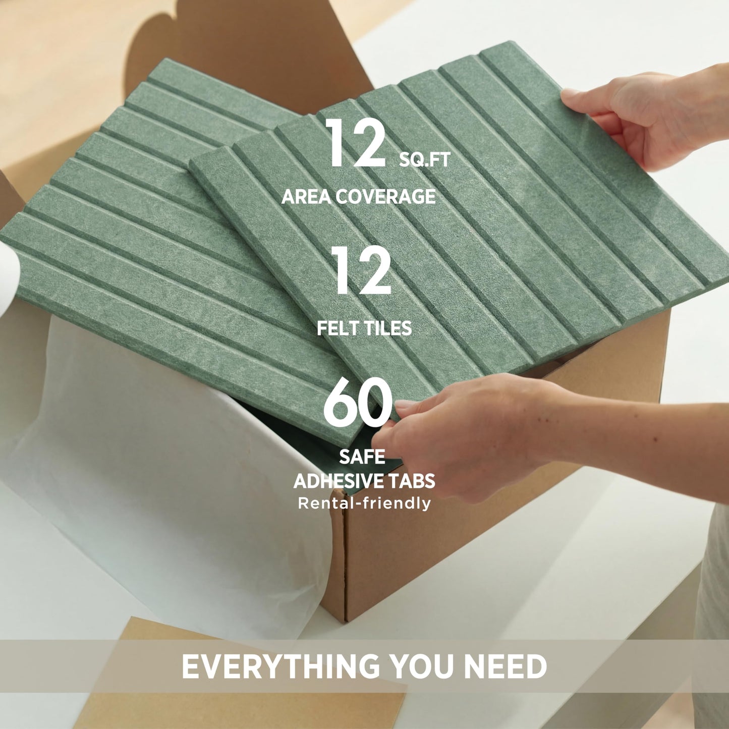 VIVELDA Felt Bulletin Board Tiles 48"x36" - 12-Pack Cork Board Alternative, OEKO-TEX Certified, NRC 0.95 Acoustic Felt Wall Panels, Damage-Free Adhesive, Slatted Design, Home Office & Classroom (Palm)