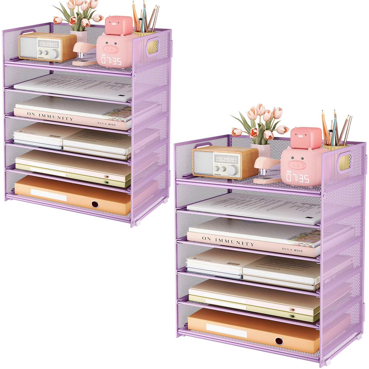 Subekyu 6-Tier Desk Paper Organizer, Desktop File Letter Tray with Handle, Document Sorter and Accessories Holder for Office, Home and School Workspace Organizers, Purple-2 Pack