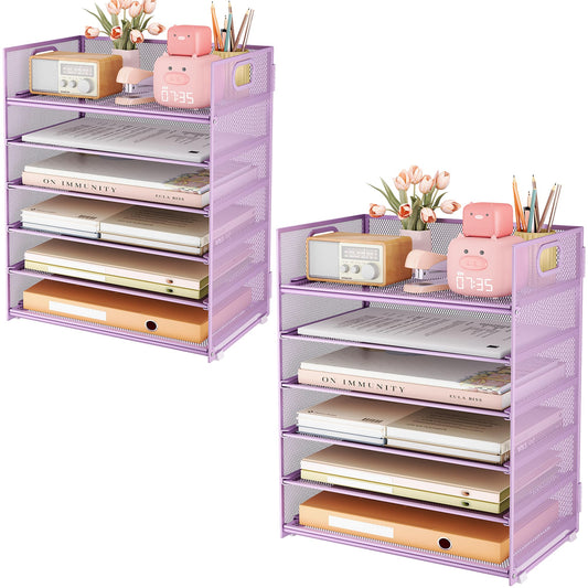 Subekyu 6-Tier Desk Paper Organizer, Desktop File Letter Tray with Handle, Document Sorter and Accessories Holder for Office, Home and School Workspace Organizers, Purple-2 Pack