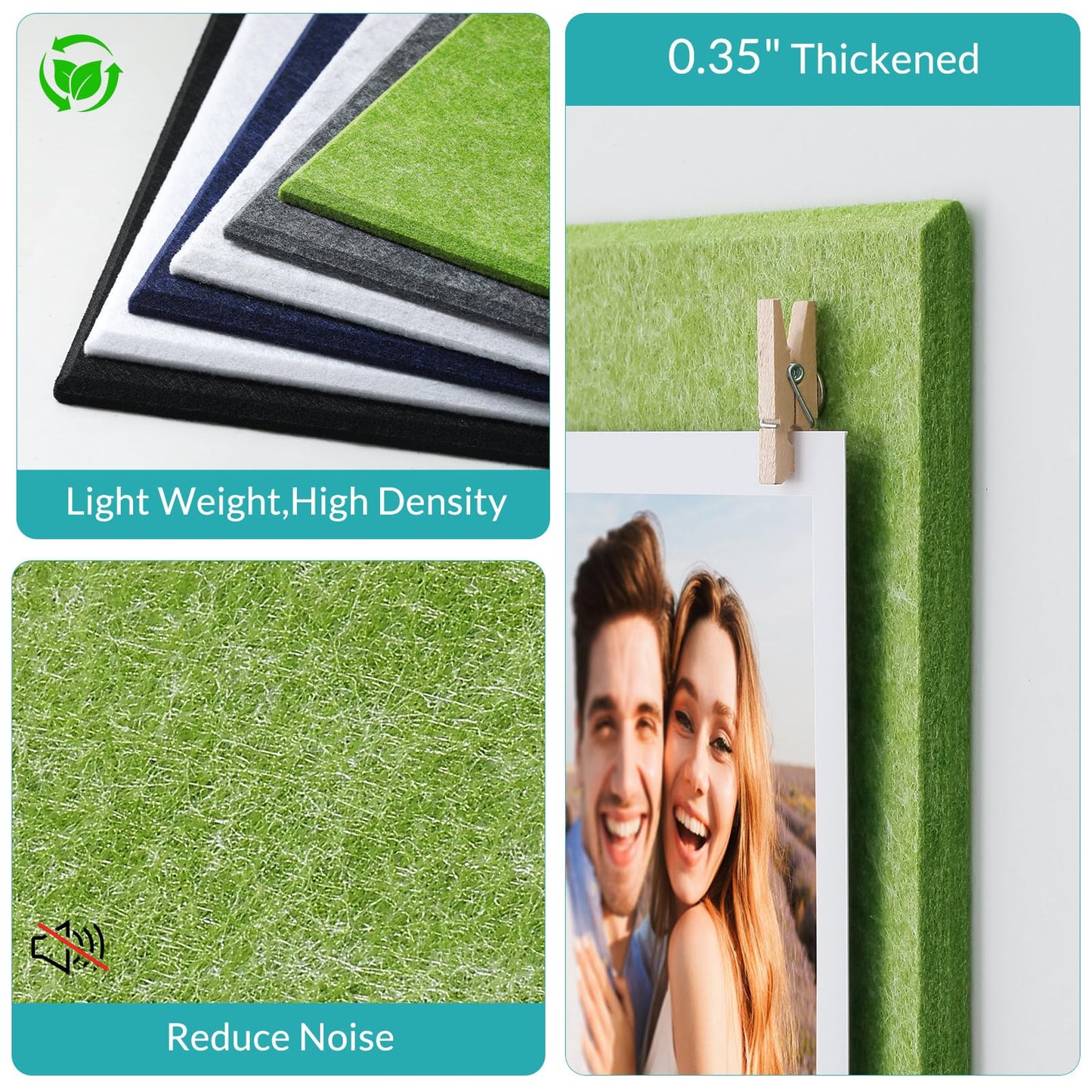Bounmer Large Bulletin Board 48" x 36" - 12 Pack Felt Wall Tiles with 60 Pcs Safe Removable Adhesive Tabs & 30 Pcs Pushpins, Cork Board for Office, School (Green)