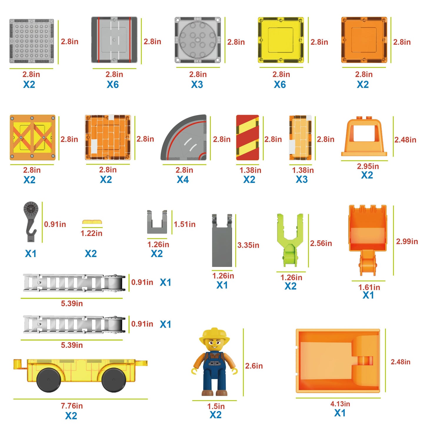 PicassoTiles Magnet Tile Construction Themed Building Blocks 5-in-1 Crane, Ladder, Dump Truck, Excavator, and Backhoe Action Figures, 2 Car Base Vehicles Magnetic Tiles Learning Toys Kids Ages3+ PTU06