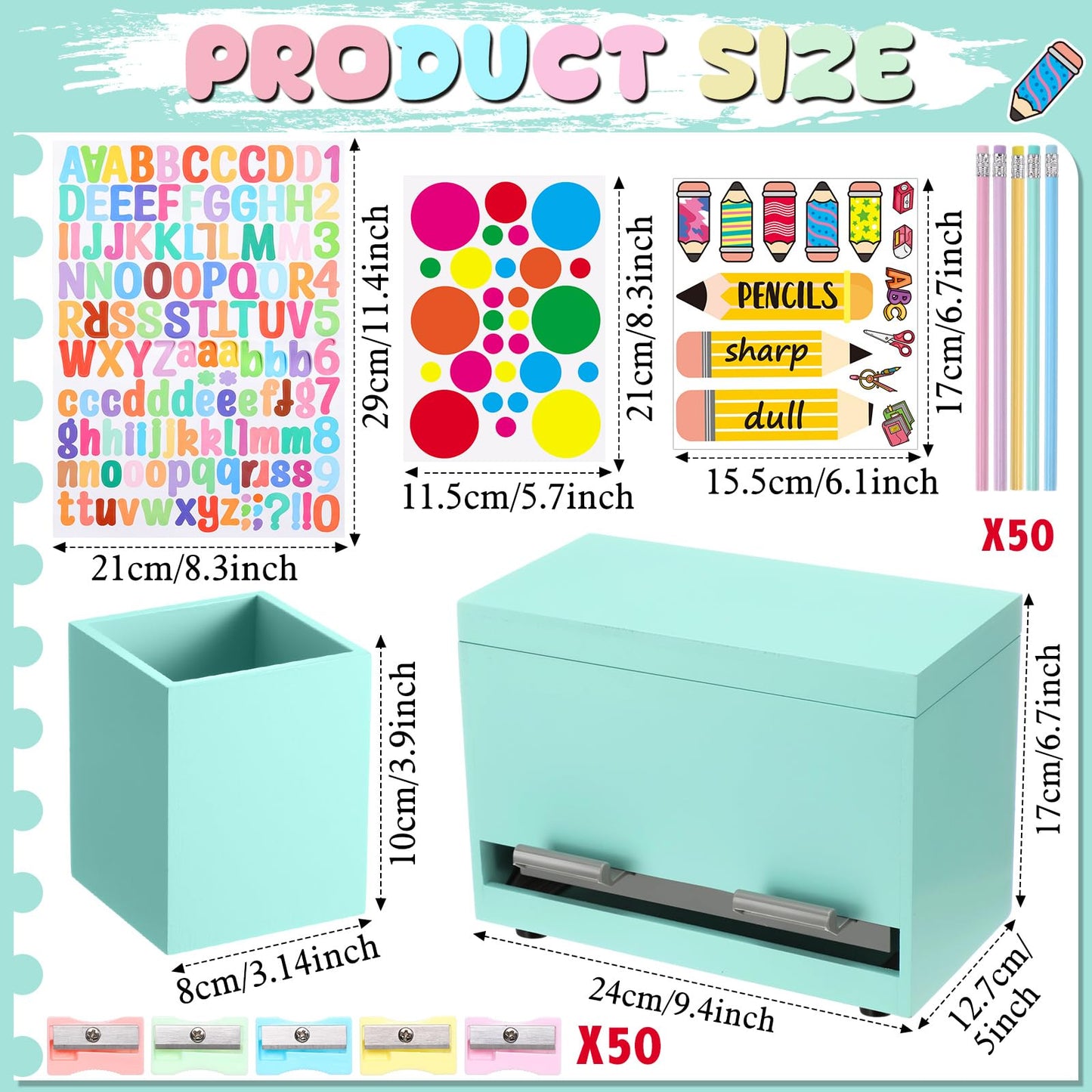 Watersay 108 Pcs Pencil Dispenser Kit for Classroom Wooden Sharp and Dull Pencil Holder 50 Pencils 50 Sharpener 6 Sticker Classroom Teacher Must Have Straw Dispenser for Back to School(Light Green)