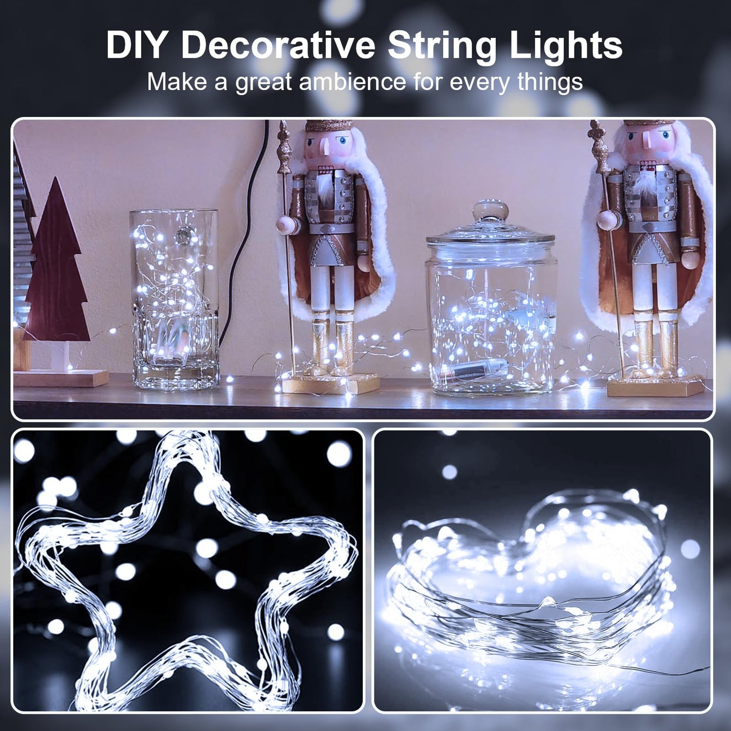 chzk Fairy String Lights 16FT 50 LEDs Battery Powered Red Heart Decor, White, Model A01-Mini