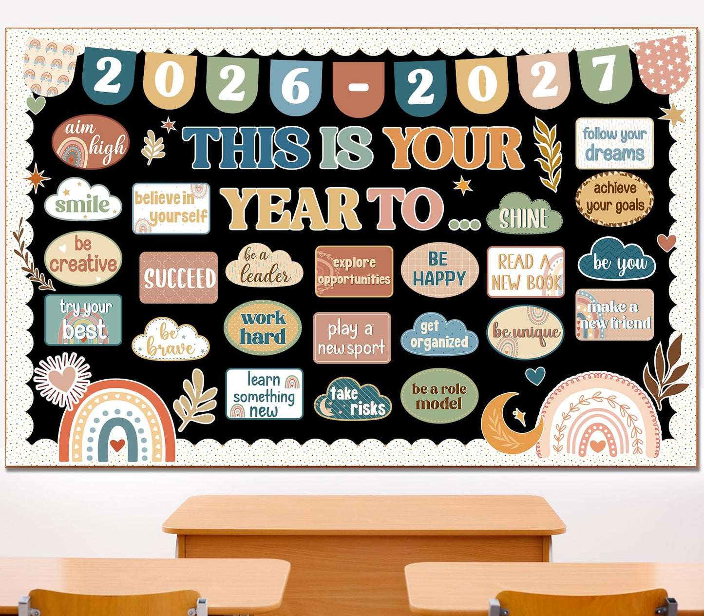 This is Your Year Bulletin Board Decorations Boho Welcome Back to School Bulletin Board Sets Inspirational Poster Positive Affirmations Wall Decor for Teacher School Office Chalkboard Wall Door Decor