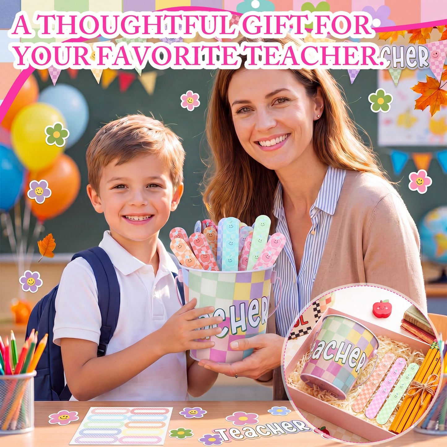 ReliThick 101 Pcs Pastel Checkerboard Flip Name Sticks with Metal Buckets Back to School Talking Sticks with Metal Holder Set for Classroom Management Tool Teacher Essentials Educational Activities