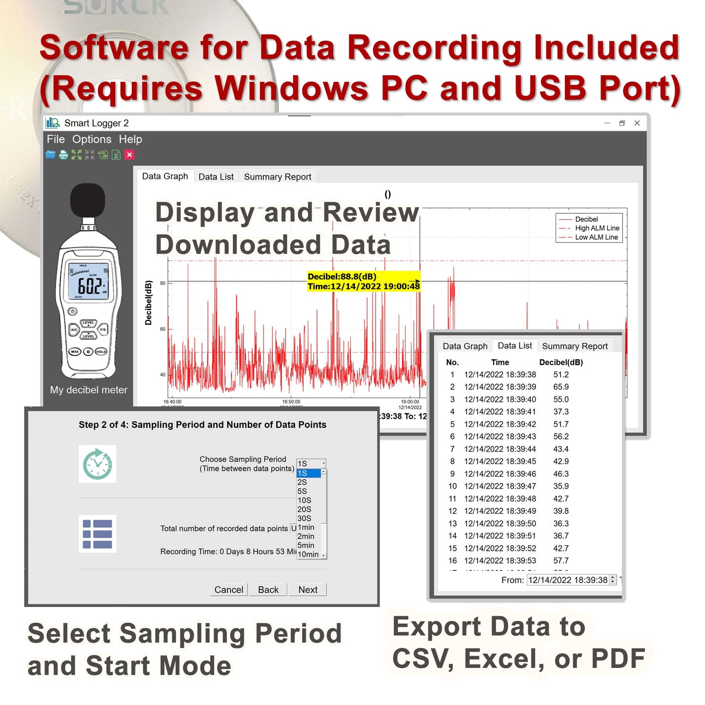 eS528L Decibel Meter and Recorder by ennoLogic – Digital Sound Level Meter and Noise Logger – Max/Min/Hold, 30-130 dBA Range, Updated Software
