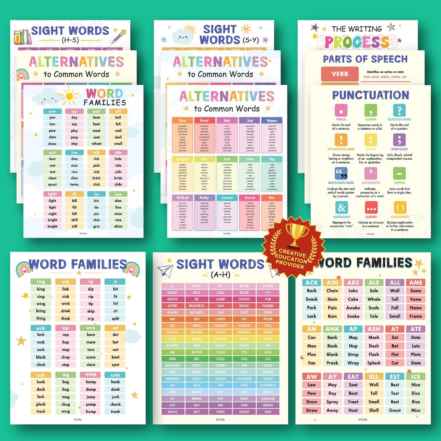 EXCOOL CLUB 12 Preschool Sight Words Poster - 11x14 Word Families Chart Educational Posters For Kindergarten Classroom Must Haves, Laminated Learning Posters For Toddlers, Homeschool, Playroom Decor