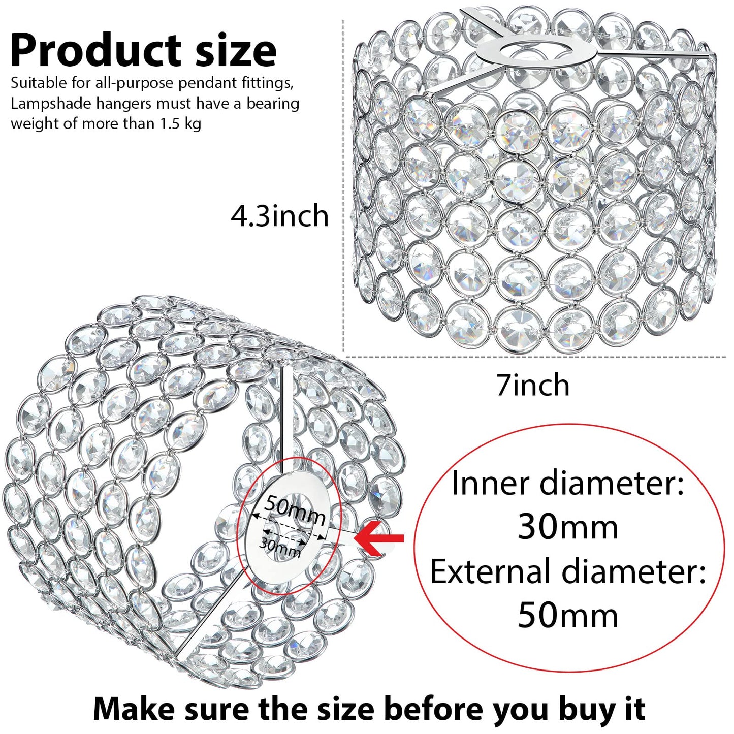 Boao Crystal Lamp Shade Chandelier, Warm White, 7 x 7 x 4.3 Inch, Silver, Model: Boao-Pendant Lights-p1432