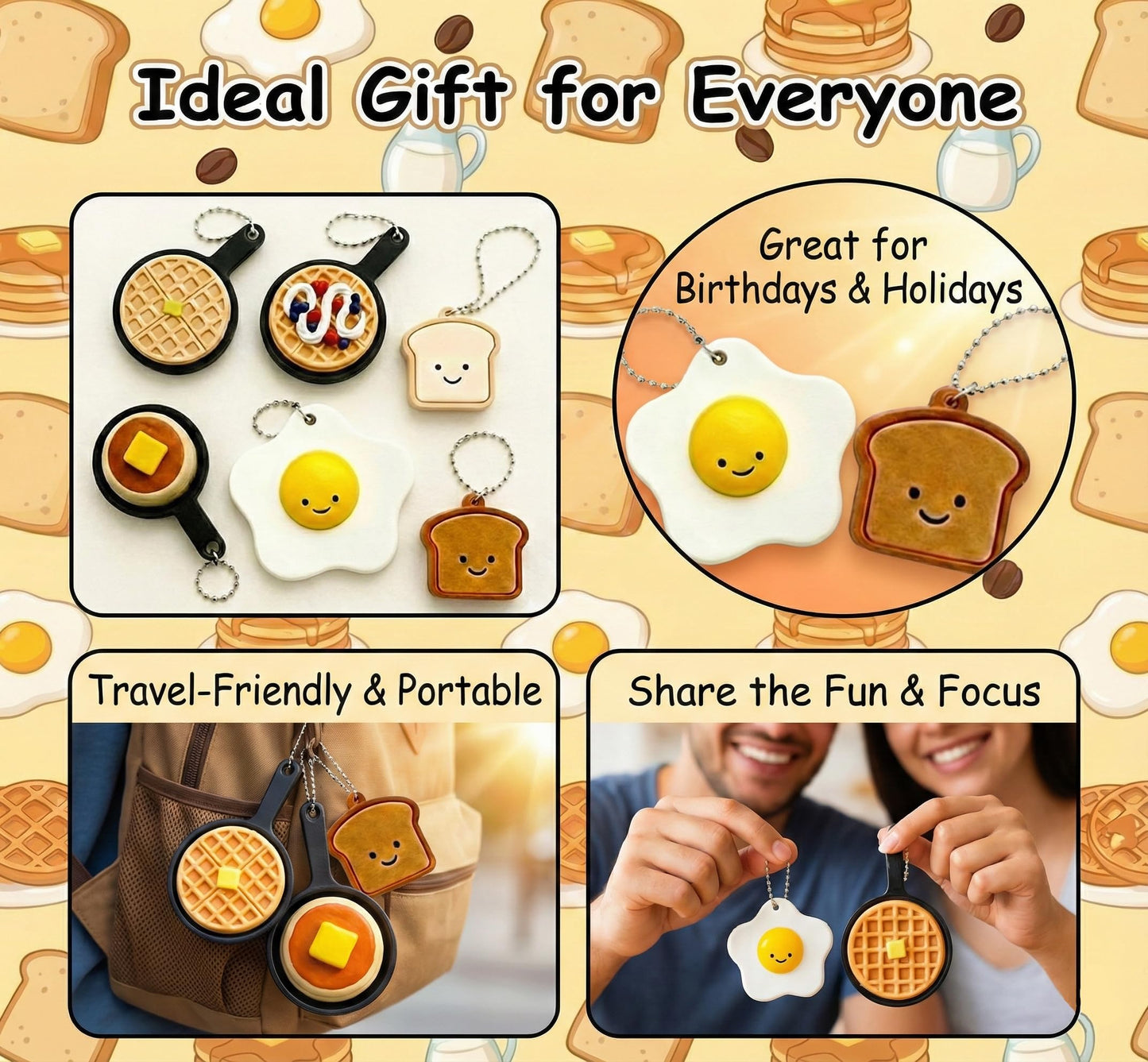 Breakfast Fidget Clicker Set – 6-Pack Clicker Keychains Cute 3D Printed Egg, Toast, Pancake & Waffle Fidget Accessory for Relief of Stress and Backpack Charm