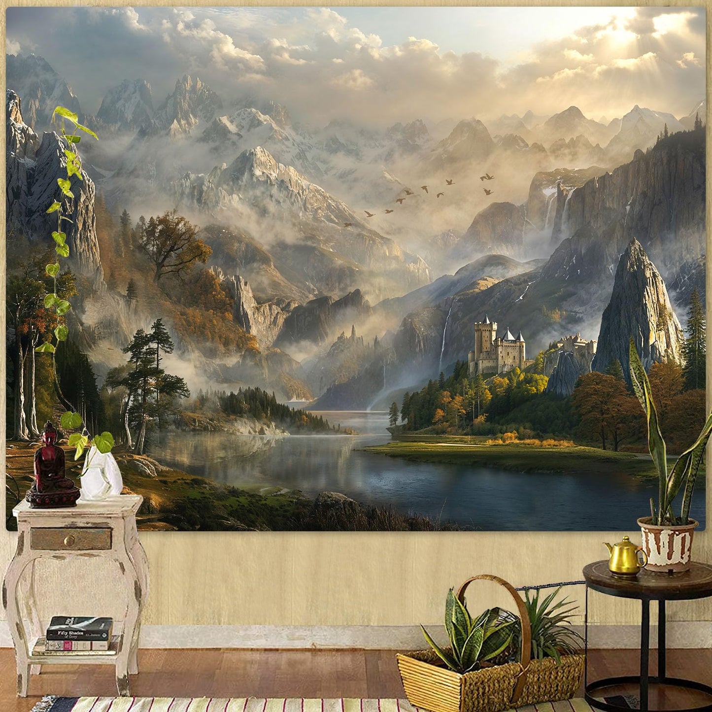 Spenlife Fantasy Valley Castle Wall Tapestry, Enchanted Mountain Lake Tapestries for Room Decor, Scenic Tapestry 60x44 Inch