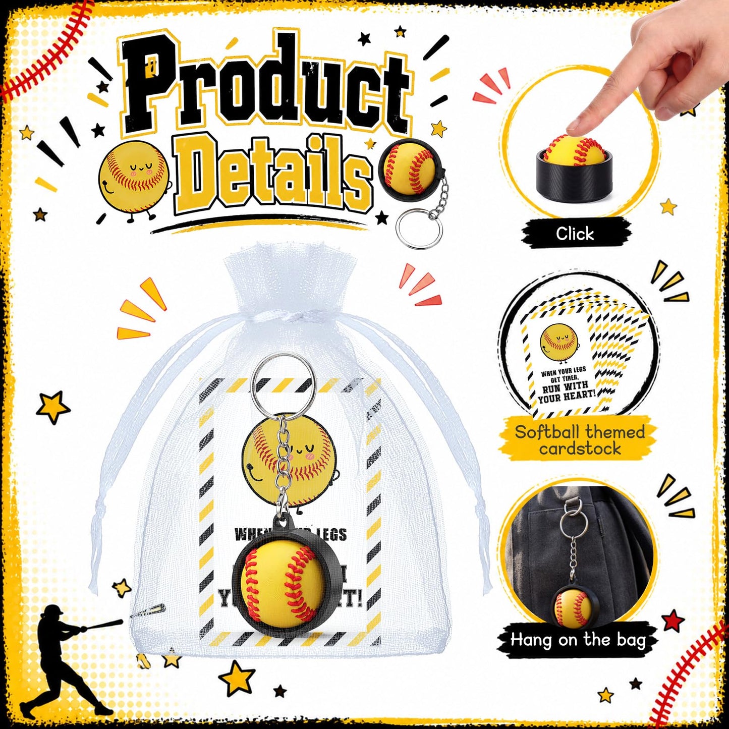 Junkin 12 Set Softball Fidget Clicker Keychain Gifts 3D Printed Softball Sensory Clicker Keychain with Inspirational Cards Anxiety and Stress Relief for Graduation Sports Team Adults Party Decorations