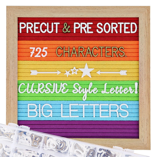 Changeable Felt Letter Board with Letters, Pre Cut & Sorted 725 Letters, Rainbow Decor, 10x10 Inch Message Board, Classroom Decor Farmhouse Wall Decor Sign Board, Pride Decorations for Office