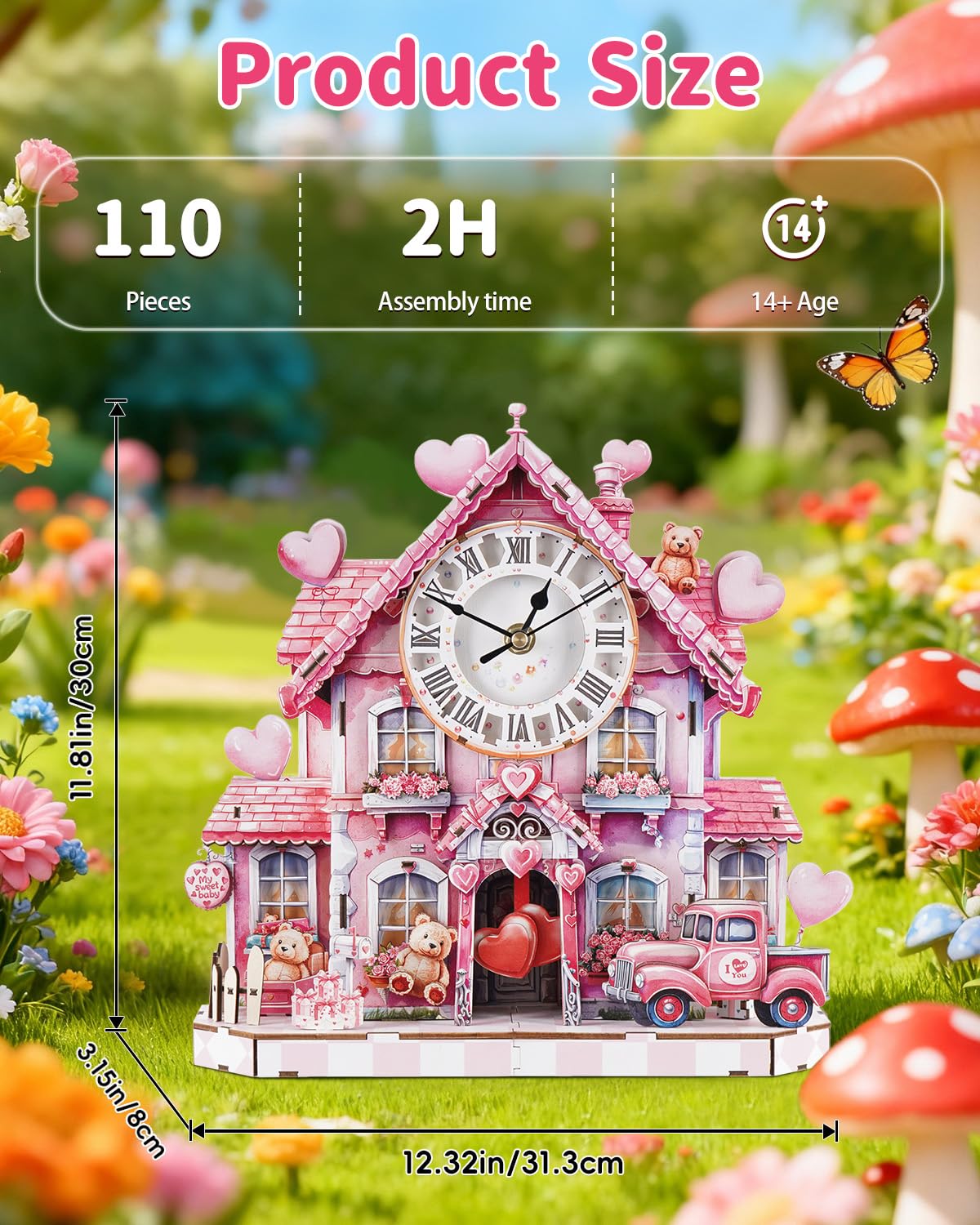 Rnfinewow 3D Wooden Puzzles for Adults, 3D Puzzle Sweetheart House Clock Kit (with Pendulum), 3D Puzzles for Adults Home Decor DIY Clock Puzzle Gifts for Women Men