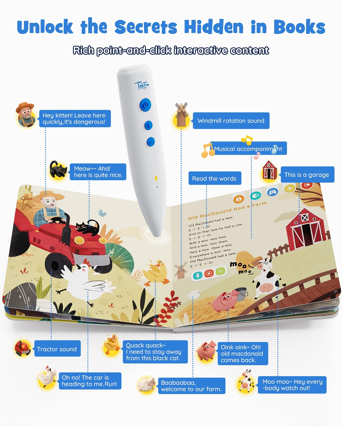 TEKFUN Nursery Rhymes Musical Books with Talking Pen, Interactive Sound Books for Toddlers 1-3, Autism Sensory Educational Toys for Kids Ages 3-6