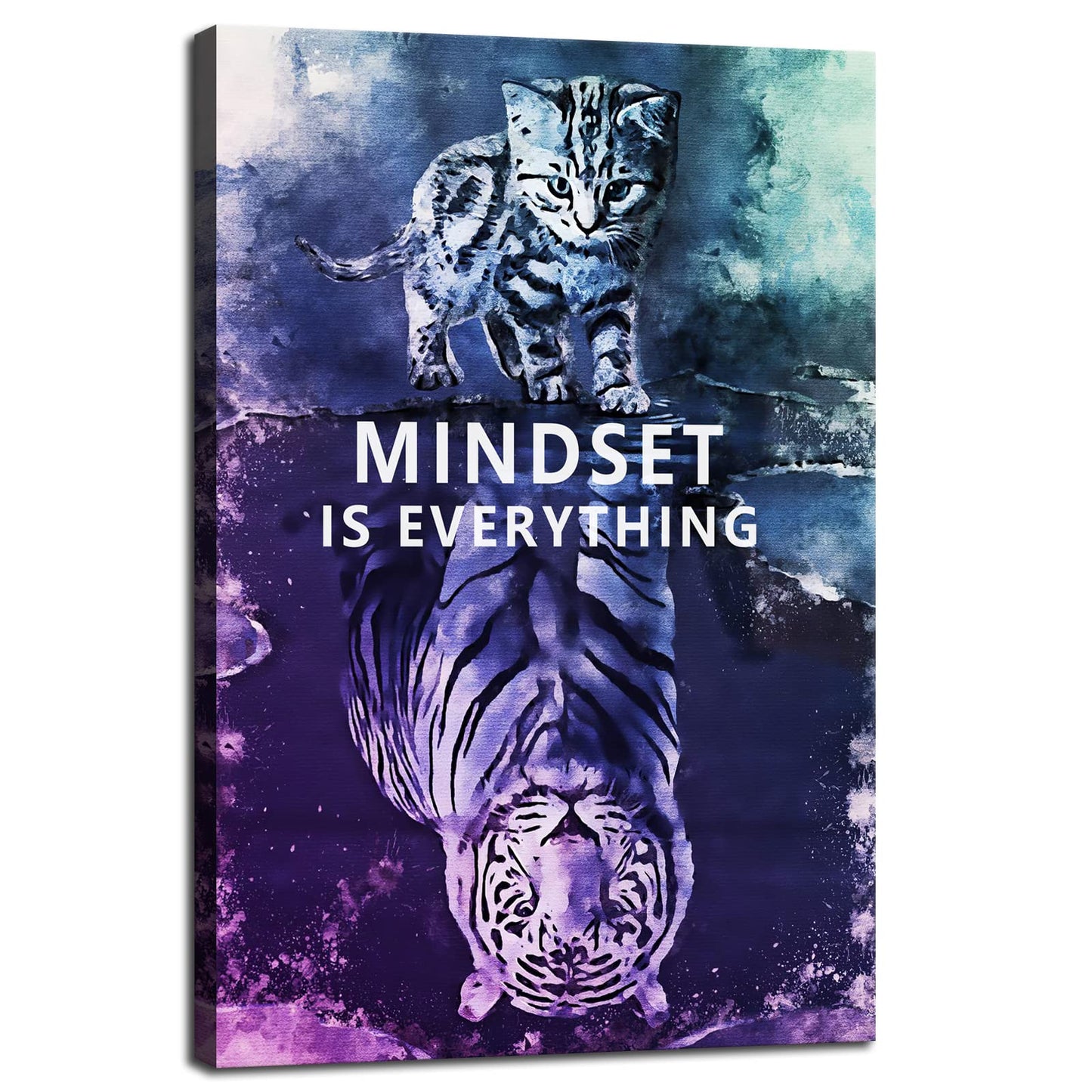 Mindset is Everything Cat and Tiger Canvas Wall Art Pictures Print Wall Art Inspirational Poster Picture Wall Painting Modern Abstract Motivational Artwork Decor Home Living Room Office[12''W X 18''H]