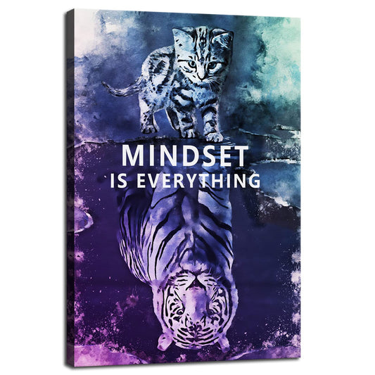 Mindset is Everything Cat and Tiger Canvas Wall Art Pictures Print Wall Art Inspirational Poster Picture Wall Painting Modern Abstract Motivational Artwork Decor Home Living Room Office[12''W X 18''H]
