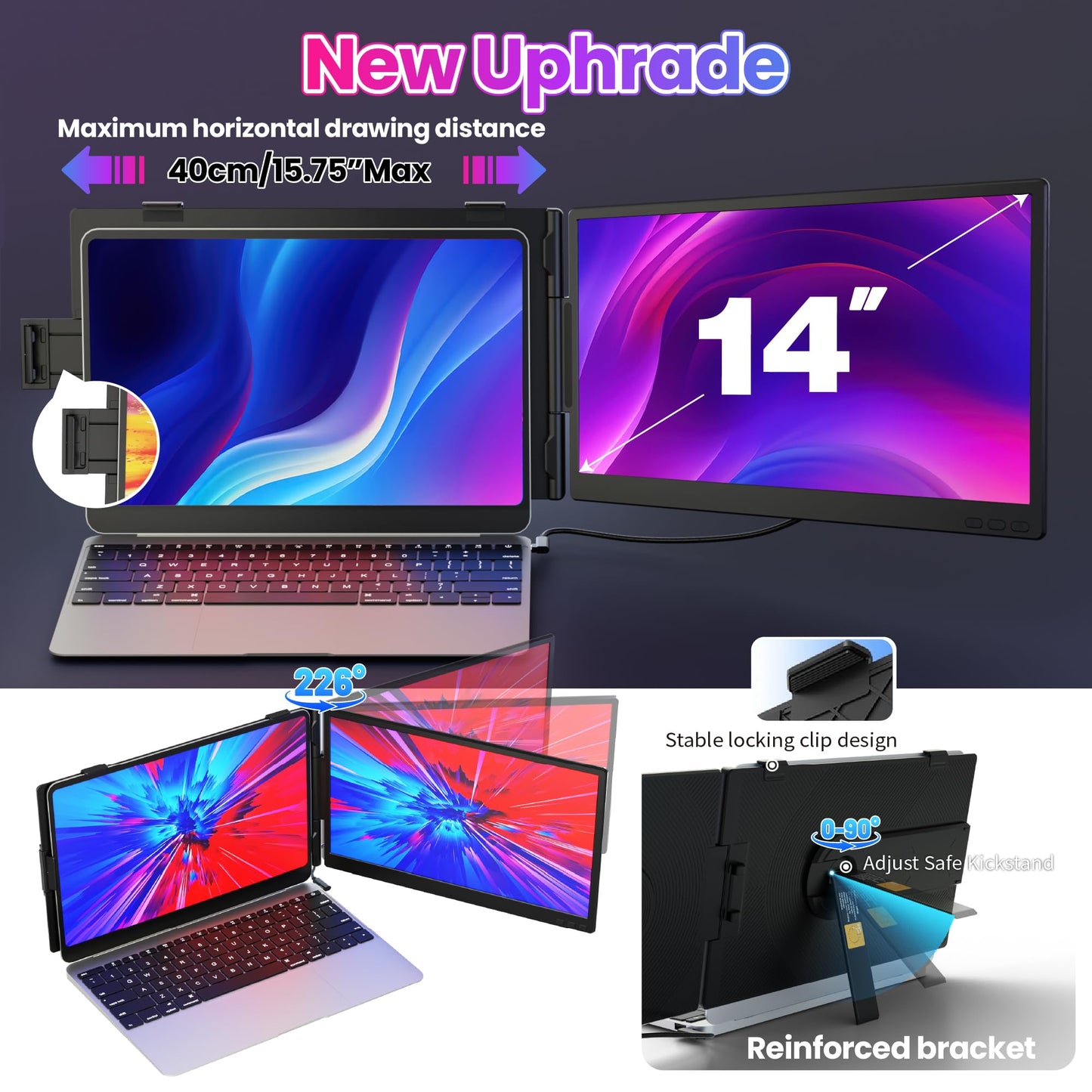 CIDETTY Laptop Screen Extender 0.27" Ultra-Thin, 14" Dual Portable Monitor FHD 1080P IPS, USB-C/HDMI Plug & Play Travel Screen for 13-17" Laptops, Compatible with Wins/Mac/Chrome/Switch/Android