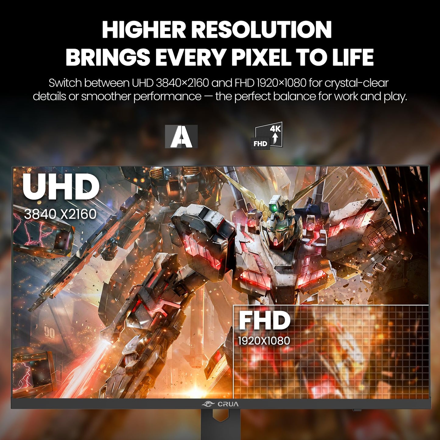 CRUA 27” 4K Gaming Monitor, UHD 3840x2160 160Hz IPS Screen, Height/Pivot/Swivel/Tilt Adjustable Vertical Monitor, Support AMD FreeSync, Built-in Speakers, 120% sRGB, PIP/PBP, HDMI 2.1 & DP 1.4-Black