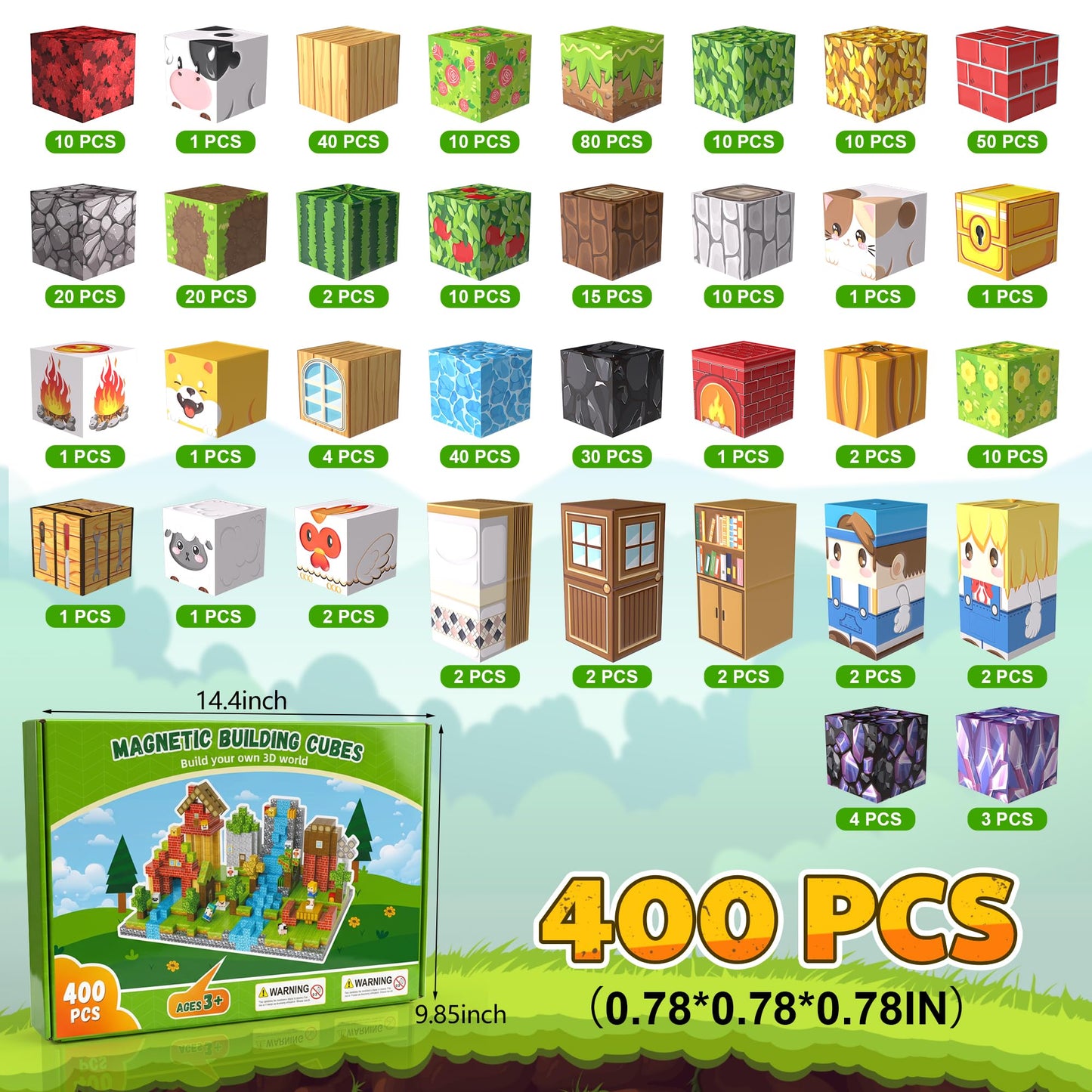 Fitrobust 400PCS Magnetic Blocks, Magnetic Building Blocks, 0.78in Magnetic Building, STEM Game Stacking Toys for Kids, Birthday Gifts for Boys and Girls Age 3+ Years Old