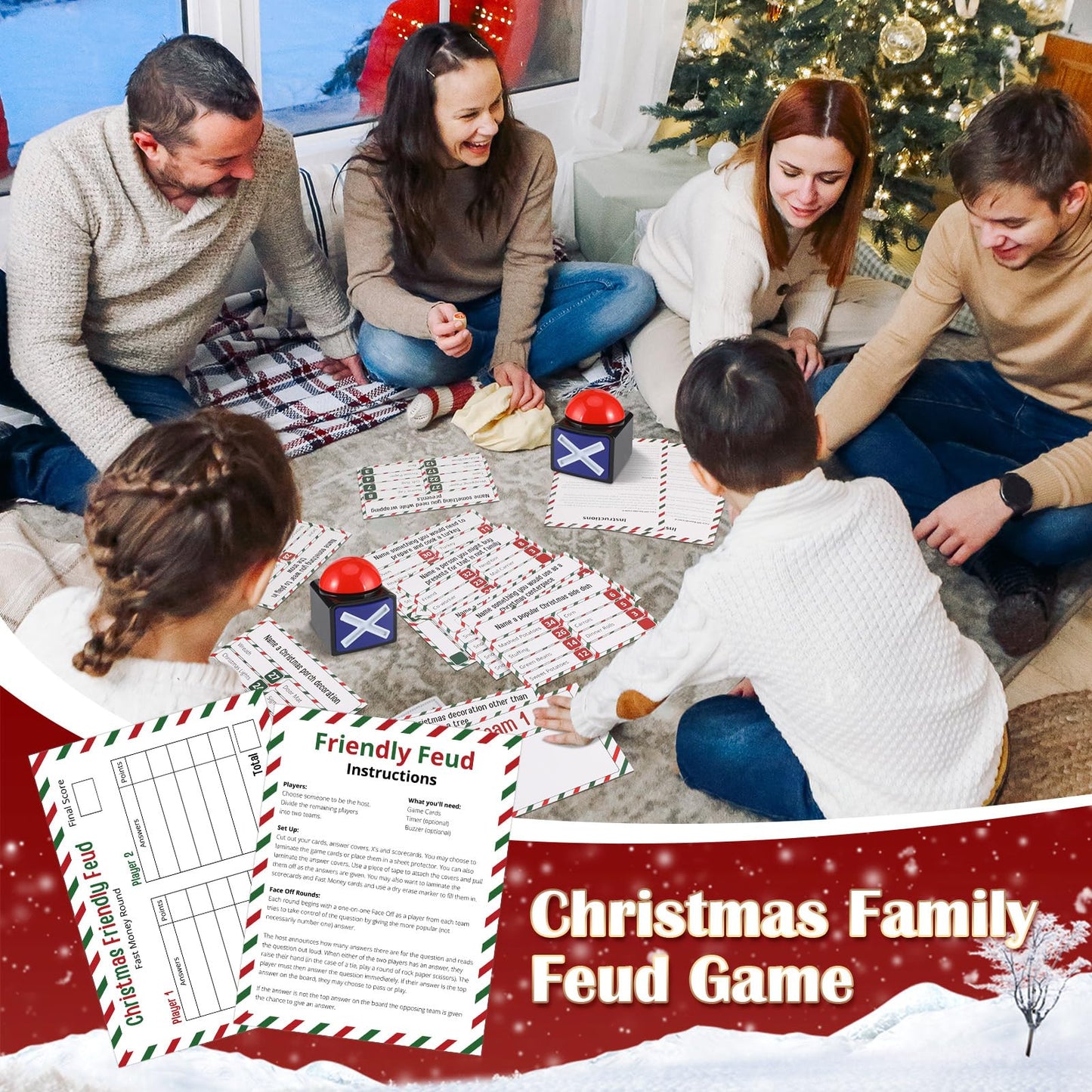 Syhood Christmas Friendly Feud Card Game with 2 Answer Buzzers, Xmas Family Trivia Quiz Game Night, Fun Party Activities for Adults, Office, Classroom, Large Group and Team Building