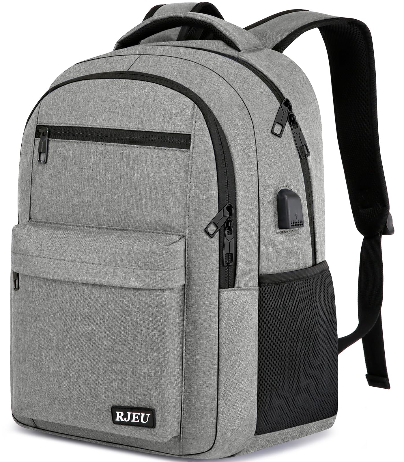 RJEU School Backpack for Teen Boys & Girls Students, 15.6 Inch Laptop Backpack with USB Charging Port - College Business Travel Bookbag, Grey