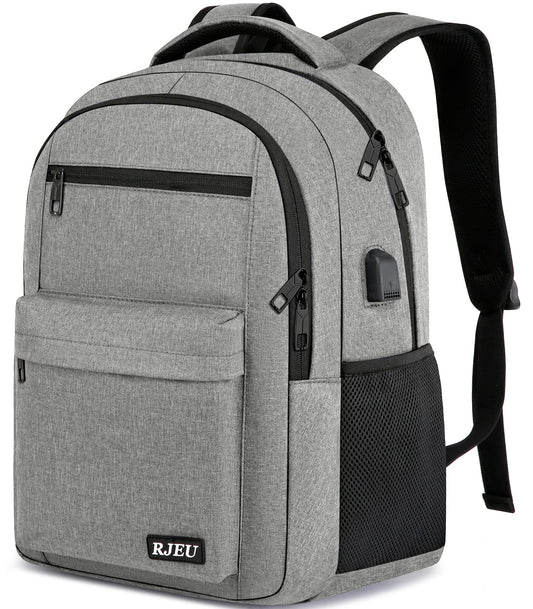 RJEU School Backpack for Teen Boys & Girls Students, 15.6 Inch Laptop Backpack with USB Charging Port - College Business Travel Bookbag, Grey