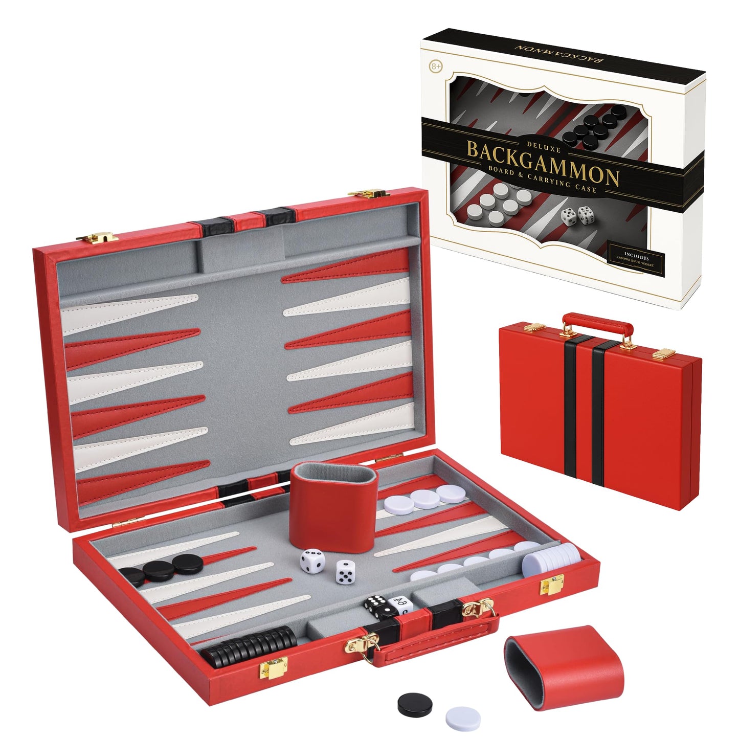 Premium Backgammon 18 Inches Large Red - Backgammon Sets for Adults and Kids - Leatherette Back Gammon Board Game Set - Travel Backgammon Set Board Encased with Accessories