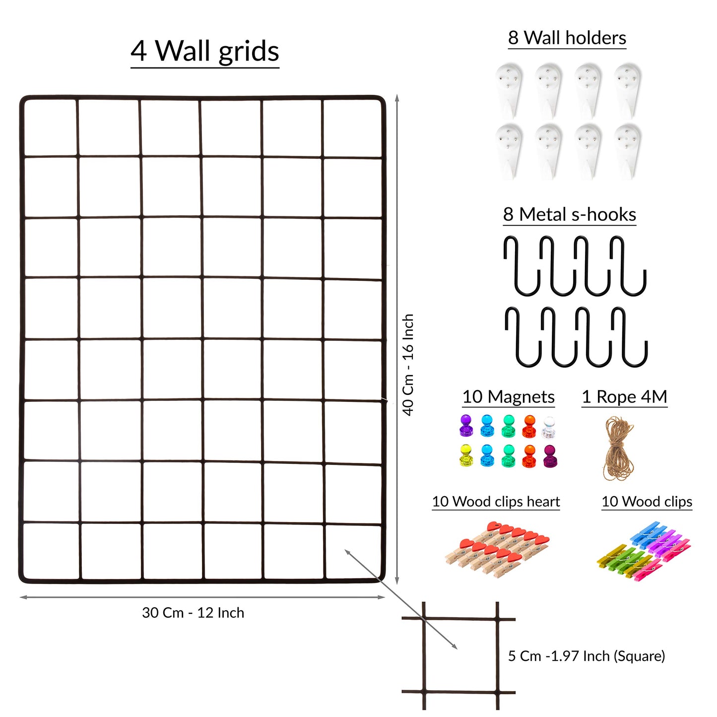 ODOXIA 4-Pack Wire Wall Grid Panel | Photo Grid Wall Decor | Metal Board for Hanging Pictures | Black Wire Organizer for Home, Office & Kitchen | Panel for Display & Storage