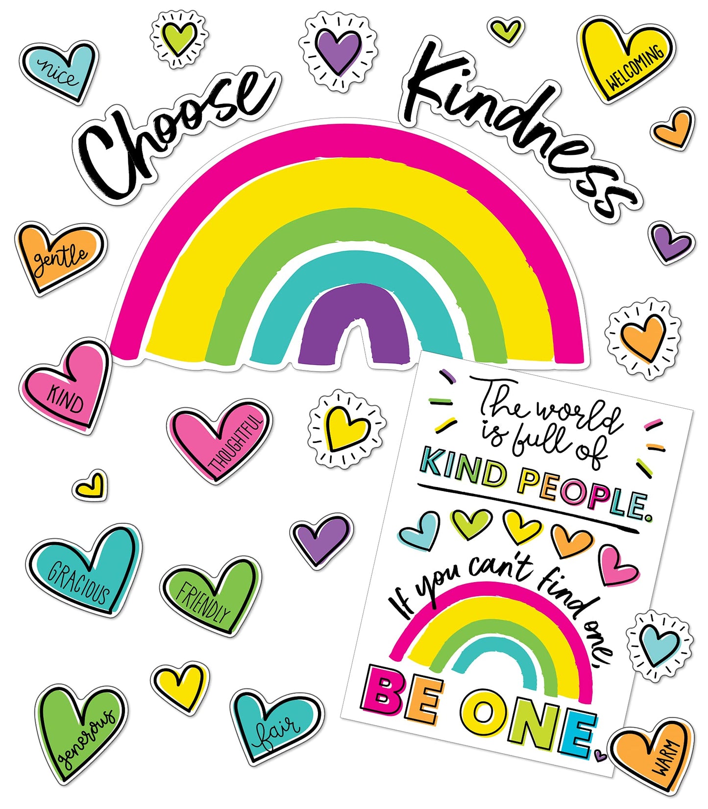 Carson Dellosa Kind Vibes 75 pc Bundle Motivational Bulletin Board Set, Poster, Rainbow, and Heart Cutouts with Positive Affirmations, Classroom Decor