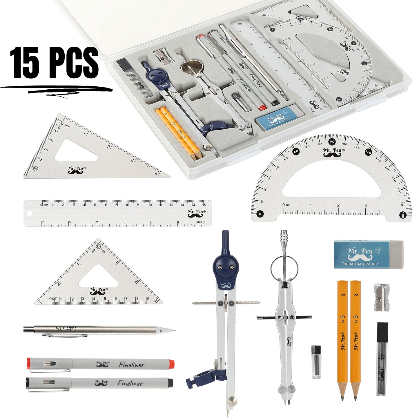 Mr. Pen- Professional Geometry Set, 15 pcs, Drafting Tools with Protractor, Compass, Metal Ruler, Triangles, Pens & Pencils, Complete Geometry & Drafting Kit for Architects, Engineers & Students