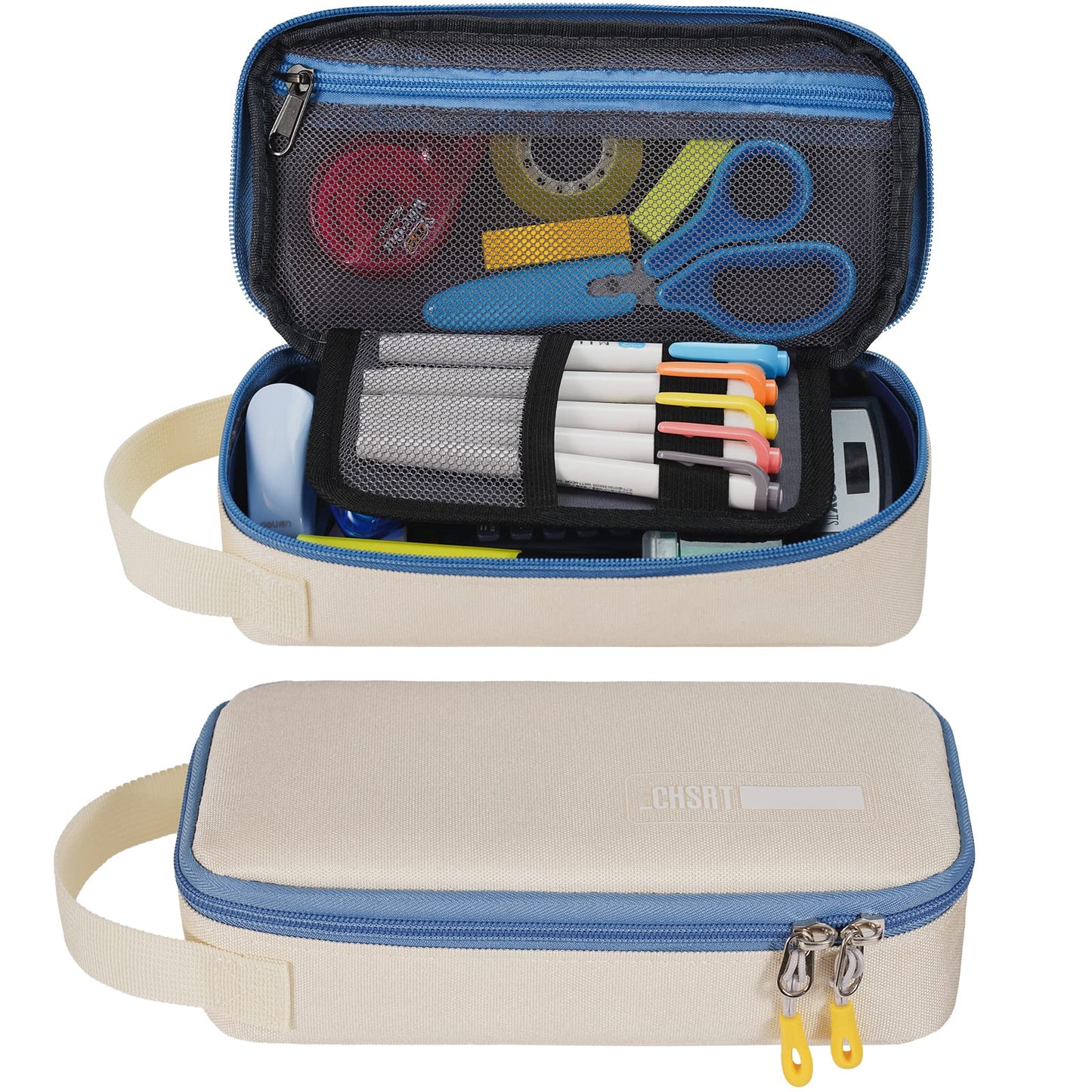 ECHSRT Pencil Case for Men Women, Large Pen Bag for Adults, Portable Pencil Pouch Aesthetic with Handle, Zipper Cases for Office Organizer Beige