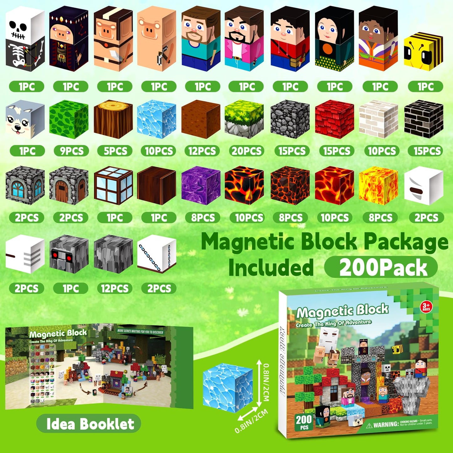 200 PCS 0.8in Magnetic Blocks ,Magnetic Building Cubes, Build 11 unique characters Adventure World Set,Stacking Magnets, STEM Sensory Toys for Ages 3+ Toddlers Kids Girl Boys Birthday Party Gifts