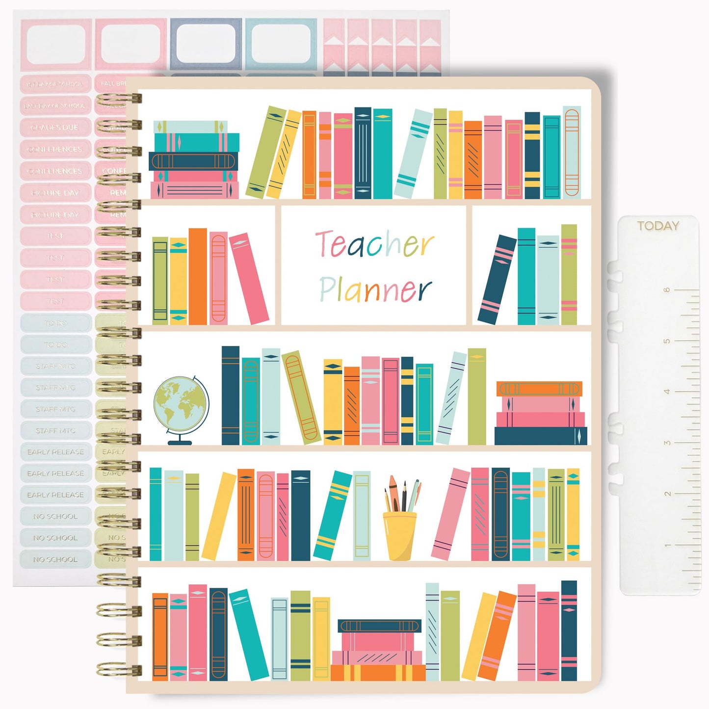 Undated Teacher Planner 8.5 x 11-12 Months & 52 Weeks | Colorful Bookshelves Cover | Monthly & Weekly Lesson Plan Book with Stickers, Storage Pocket & Snap-In Bookmark | Classroom Organizer