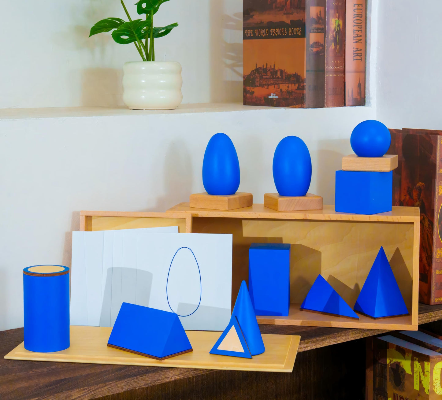 Premium Montessori Geometric Solids with Matching Cards – Solid Beechwood 3D Shapes, Plane Figures, Stands & Cards, Sensorial Geometry Materials for Spatial Awareness, Homeschool Classroom Kids 3-9