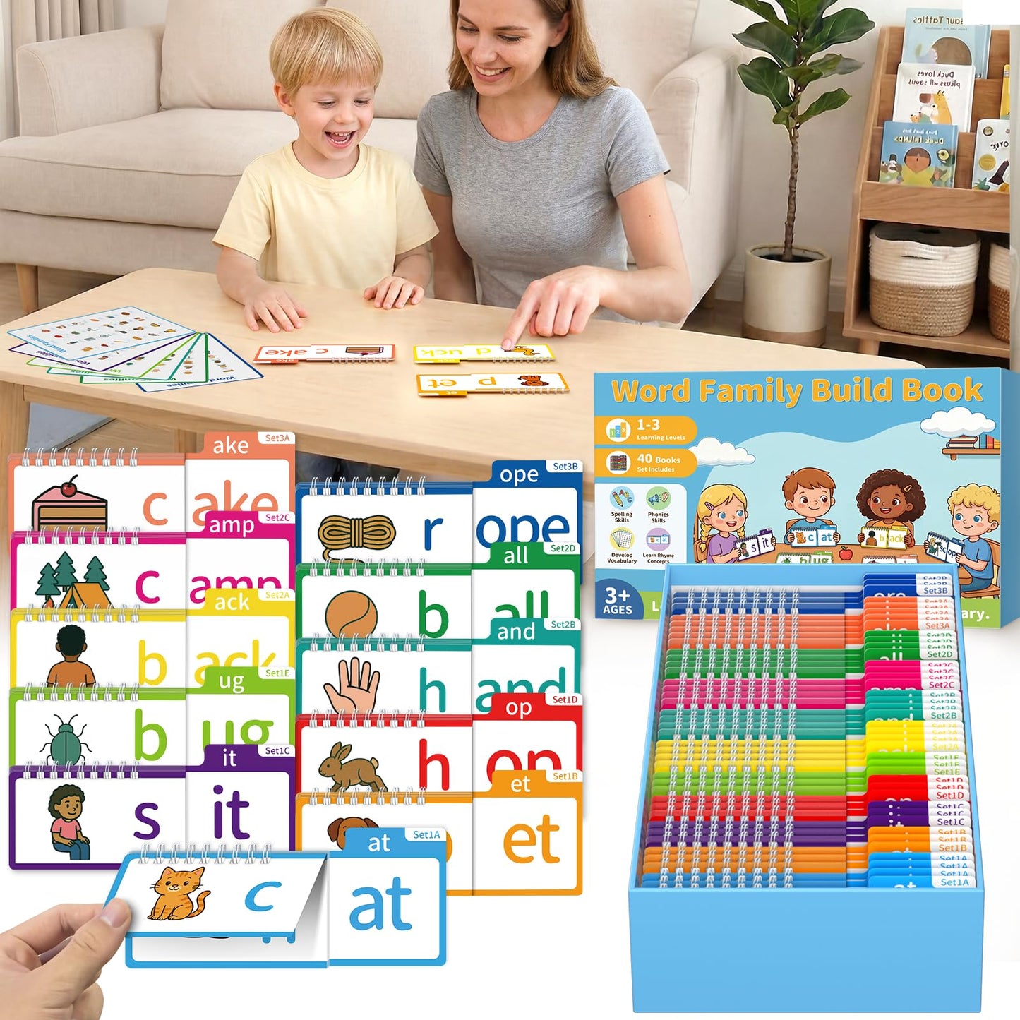 Sinoome Word Family Build Book, Fun Phonics Flash Cards, 40 Read & Rhyme Flip Books, Learn to Read for Kids Ages 4-8, Educational Flash Cards for Kindergarten, Fun Sight Words & Phonics Games
