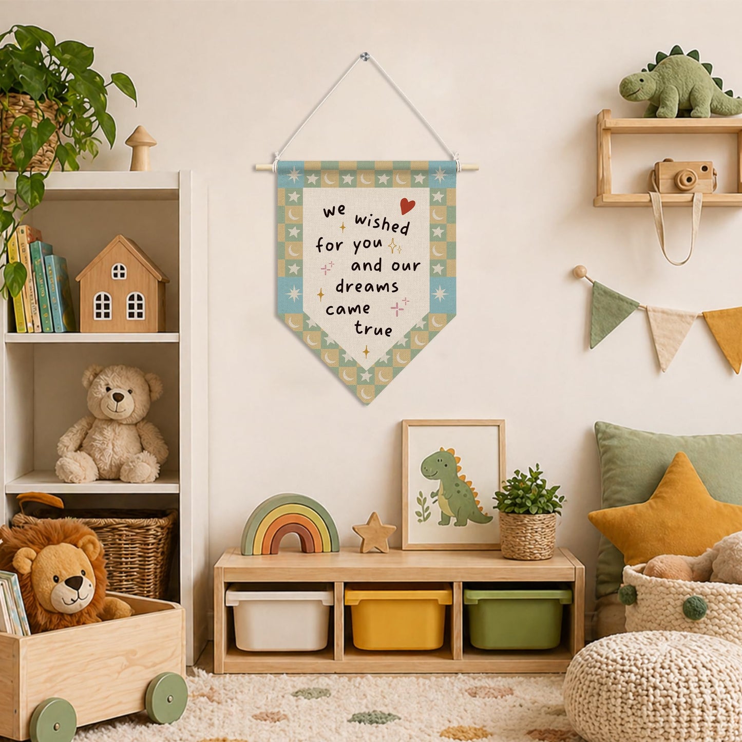 RUKUPA Kids Room Wall Art Decor, Retro Nursery Hanging Pennant Flag, We Wished for You and Our Dreams Came Retro Checkered True Wall Art Poster Hanger for Kids Nursery Room Bedroom Decor, 11x15 Inch