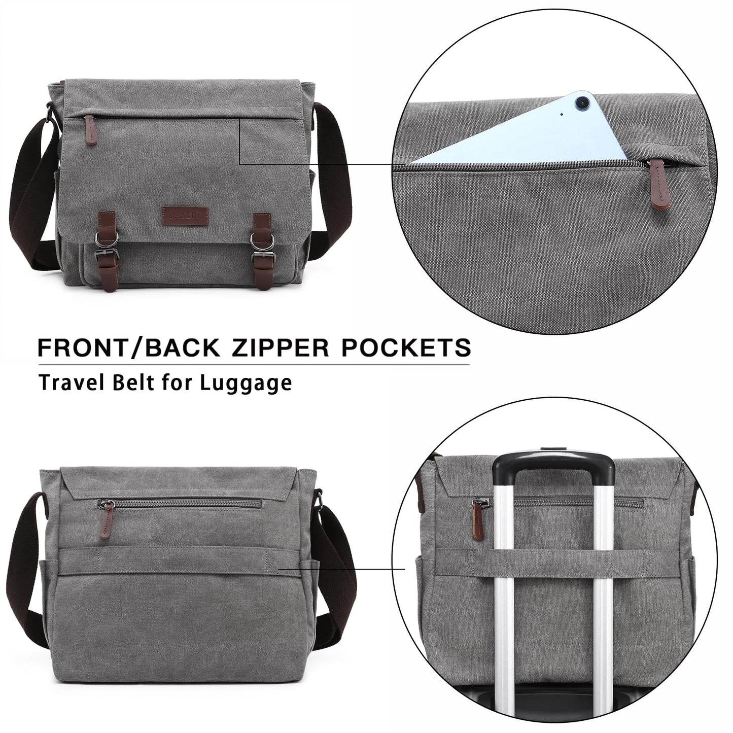 Dasein Large Vintage Canvas Messenger Shoulder Bag, Grey, 15in Laptop